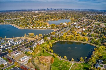 aerial view of autumn colors in denver suburb of lakewood, colorado