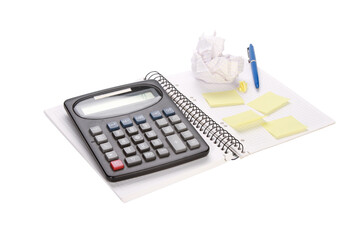 Wall Mural - Calculator and sticky notes on a notebook isolated on a white background