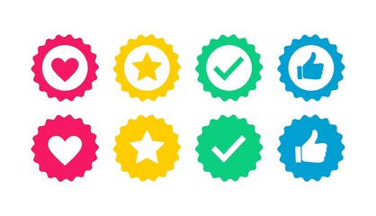 Poster - Like, favorites, tested and best quality, stamp icons design. Heart, star, check mark and thumb up signs for sticker design.