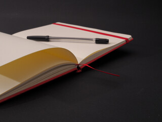 Canvas Print - Closeup shot of an open and empty notebook for text with a pen isolated on dark background