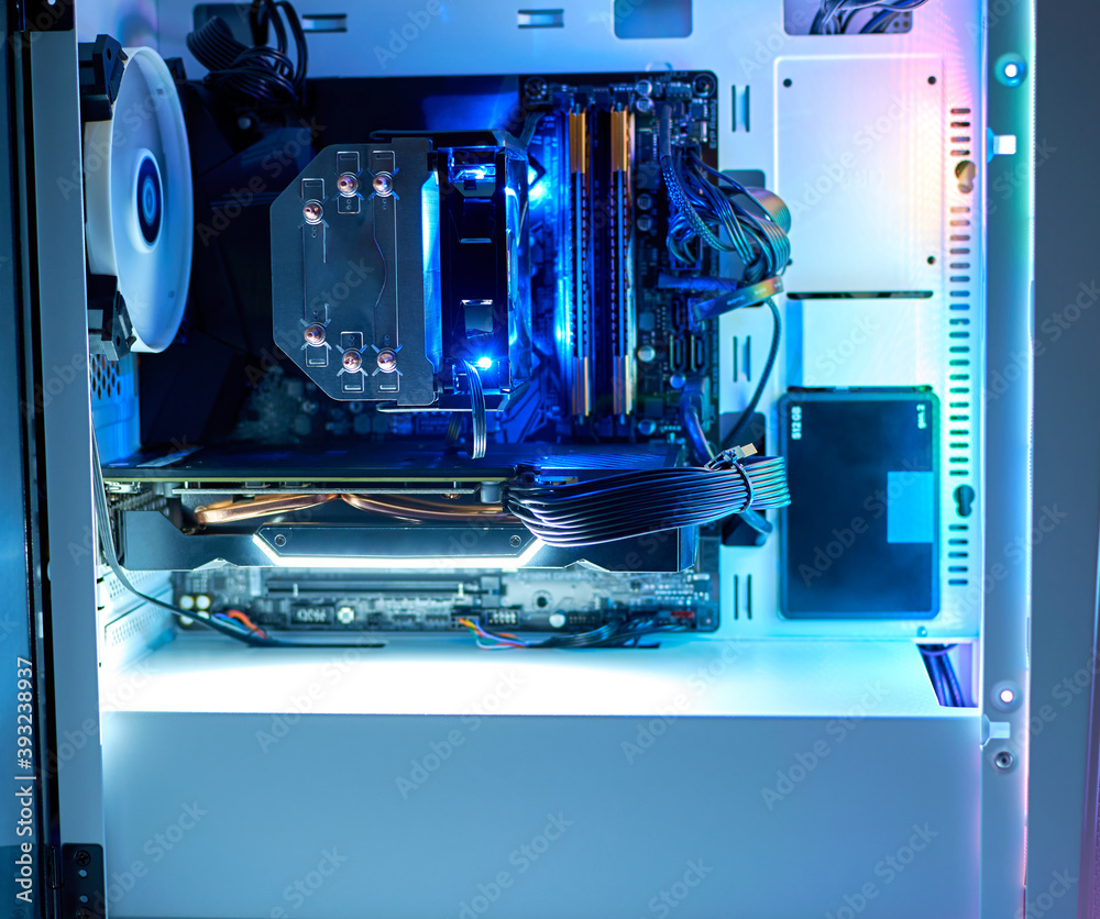Rgb Computer Components Desktop gaming PC and CPU Cooling Fans with RGB light. Components of ...