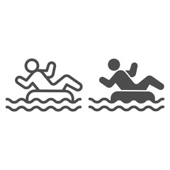 Poster - Person in inflatable ring line and solid icon, Aquapark concept, Swimming Ring sign on white background, Man with inflatable circle in water park icon in outline style for mobile. Vector graphics.