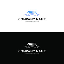 Bridge House Vector Logo Design Template For Canal Bridge Area Properties, Realty Business. Linear Line Structure Logotype