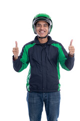 Wall Mural - man with helmet and jacket or uniform of online commercial taxi rider showing thumb up