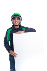 Wall Mural - man courier with helmet and uniform holding blank white board isolated