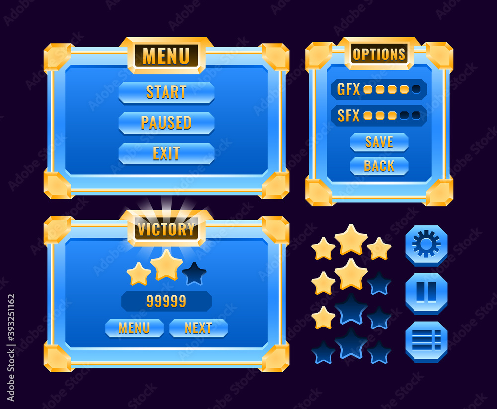 set kit of fantasy golden glossy diamond game ui board pop up interface ...