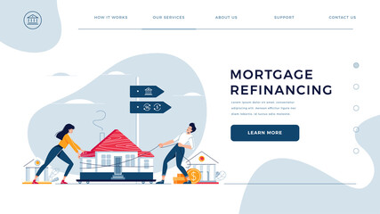 Mortgage refinancing homepage template. Co-borrowers push, drag a home to the bank for house pawning with getting cash out. Property refinance, re-mortgage for website design. Flat vector illustration