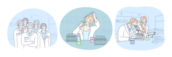 Wall Mural - coronavirus medical research and virus analysis in lab. people scientists in protective medical mask