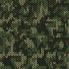 Military decorative knitted camouflage with high detail made fabric texture. Vector dark khaki green camo seamless pattern.