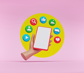 Poster - cartoon hands with smartphone apps. modern digital technology concept. minimal design. 3d rendering