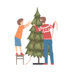 Canvas Print - Father and Son Decorating Christmas Tree with Baubles and Garland, Happy Family Preparing for Holiday Celebration, Merry Xmas and New Year Cartoon Style Vector Illustration