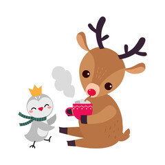 Sticker - Lovely Fawn with Cup of Cocoa Drink with Marshmallows, Cute Xmas Animal Cartoon Character, Merry Christmas and Happy New Year Vector Illustration