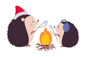 Sticker - Lovely Hedgehogs Roasting Marshmallows over Campfire, Xmas Animal Cartoon Character, Merry Christmas and Happy New Year Vector Illustration