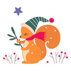 Wall Mural - Lovely Squirrel Wearing Cute Knitted Hat and Scarf, Xmas Animal Cartoon Character, Merry Christmas and Happy New Year Vector Illustration