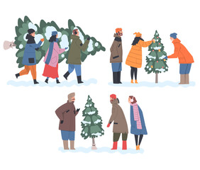 Poster - People Preparing for Holiday Celebration Set, Families Choosing and Carrying Christmas Tree Together, Merry Xmas and New Year Concept Cartoon Style Vector Illustration