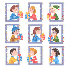 Sticker - Cute Boys and Girls Looking out of the Windows Set, Kids Giving or Receiving Christmas Gifs, Merry Xmas and New Year, Happy Winter Holidays Concept Vector Illustration