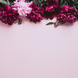 Pastel pink background with beautiful peonies border, copy space