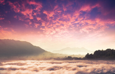 Wall Mural - celestial mountain landscape and dramatic sky sunrise background. kaeng kra chan dam view point in n
