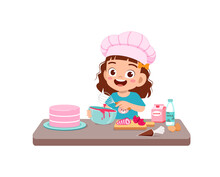 Happy Cute Little Kid Boy And Girl Wear Chef Uniform And Cooking A Birthday Cake