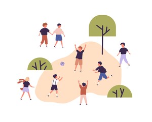 group of children playing with ball at kindergarten playground. outside kids activities and games. h