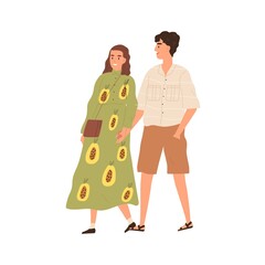 Wall Mural - Young couple walking and holding hands together. Happy man and woman in trendy summer clothes isolated on white background. People enjoy romantic relationships. Colorful flat vector illustration
