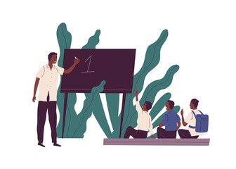 Poster - African american teacher explaining math to children near blackboard in poorly equipped classroom. Educational process for poor kids. Flat vector illustration isolated on white background
