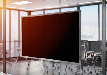 Wall Mural - Rectangular frame Mockup hanging on office glass window. Mock up of a billboard in modern company interior