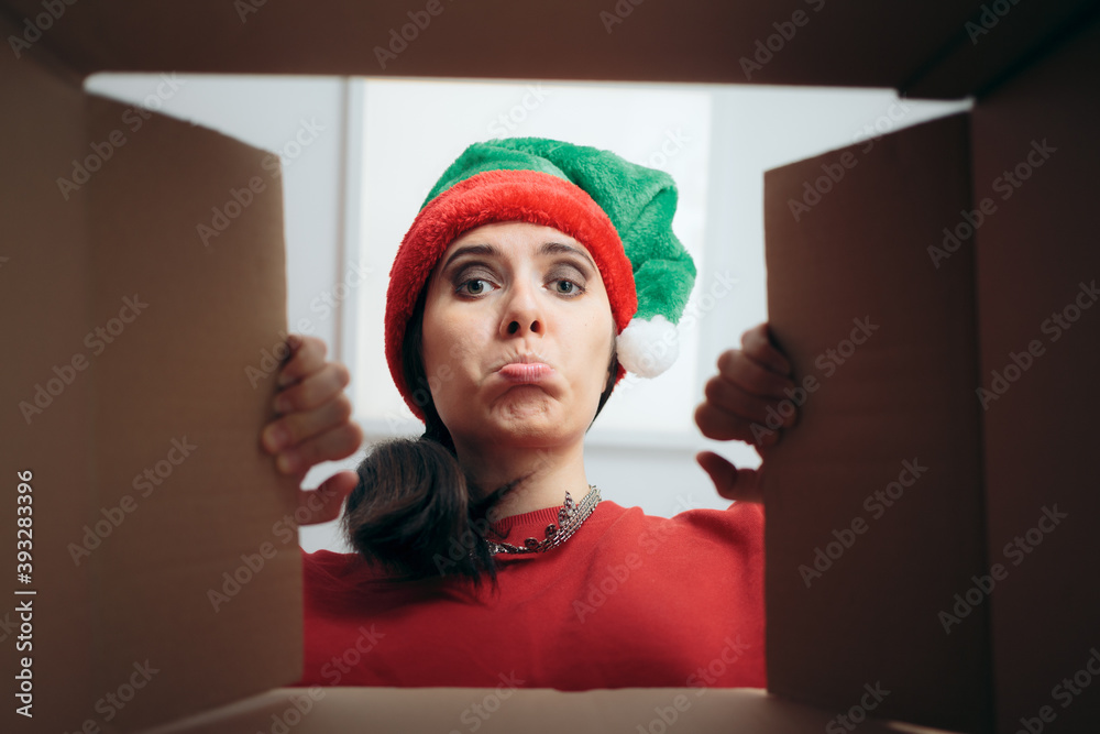 Disappointed Christmas Woman Looking Inside Cardboard Gift Box