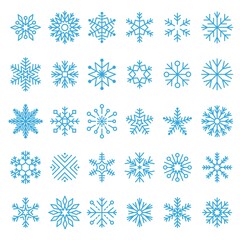 Wall Mural - Blue snowflakes vector collection. Winter icon set. Trendy line snow pictogram