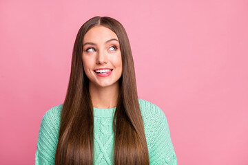 Sticker - Close up portrait of adorable person bite tongue look empty space turquoise pullover isolated on pink color background