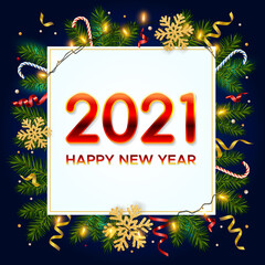 Wall Mural - New Year 2021 background with pine branches, golden snowflakes, shining garlands, candy canes and tinsel. Template for Christmas and New Year poster, postcard, banner for winter and new year holidays