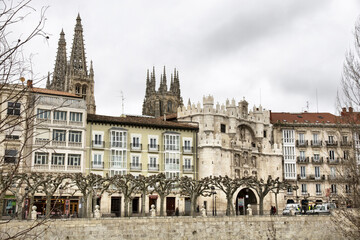 Santa Maria arch with the cathedral in the background in Burgos, Spain