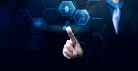Poster - business and technology modern telecommunication digital network access control, business man work f