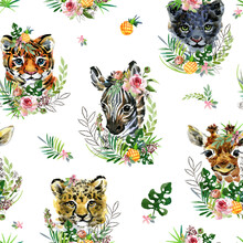 Cute Little Tropical Animals Seamless Pattern. Watercolor Wild Nature Illustration. Animal Print. Zebra, Giraffe, Tiger, Cheetah, Leopard