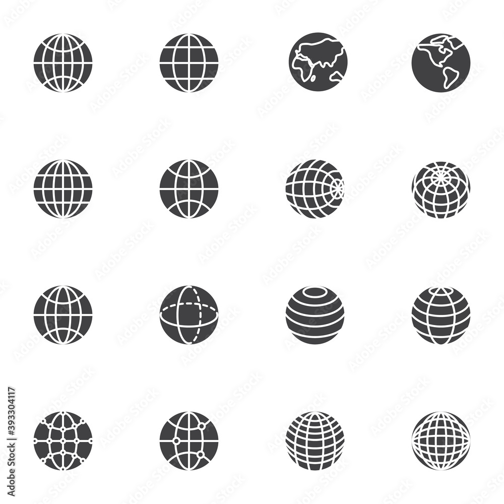Globe grid vector icons set, modern solid symbol collection, filled ...