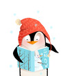Penguin wearing winter knitted hat reading book with snowman winter cover cheerful kids character design. Cute and friendly animal character design for children in vector.