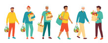 Collection Men Different Ages And Nationalities Holding Natural Products. People With A Grocery Bag. Healthy Fresh Food, Fruits And Vegetables. Zero Waste, Vegetarianism.Isolated Vector Illustration