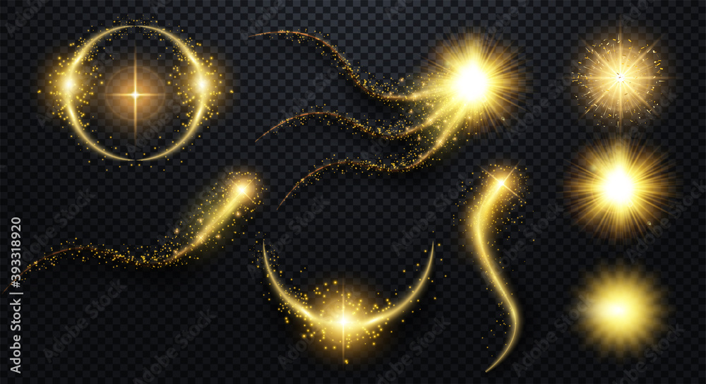 Golden lighting sparkle trail, glittering shiny. Abstract vector illustration of gold smoke stream on checkered transparent background. Glowing stardust wave, glitter spark or magical starry light.  - obrazy, fototapety, plakaty 