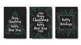 Fototapeta Dinusie - Christmas and New Year vector cards collection with handwritten calligraphy, branches and berries isolated on black background. Design template for greeting card, invitation, poster