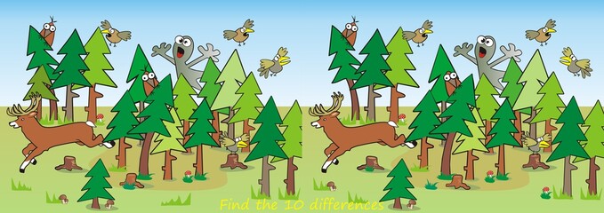 Wall Mural - Find ten differences, haunted forest, vector illustration