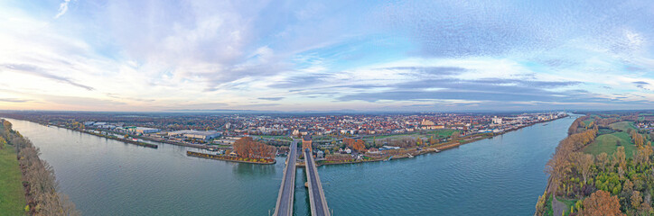 Aerial view of the Nibelungen Bridge in Worms with a view of the city gate