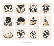 Set Of Zodiac Signs Icons In Boho Style. Trendy Vector Illustrations.