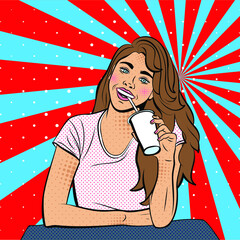 beautiful women european type drinking coffee. girl with cup of coffe on background of pop art style