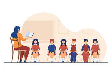 Poster - Singing coach teaching group of children. Music teacher, choir of kids in classroom flat vector illustration. Music lesson, education, hobby concept for banner, website design or landing web page