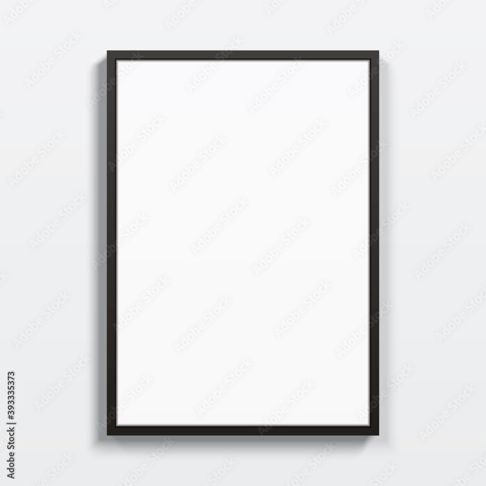 Black vertical frame hanging on a white wall. Blank elegant frame template, with clear space for art, image, or text placement. Rectangular shape modern picture frame, realistic vector mockup. - obrazy, fototapety, plakaty 
