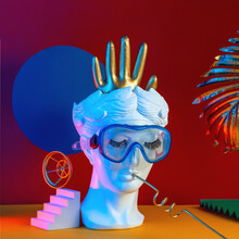 Abstract Multicolored Composition With Head Sculpture, Stairs, Glove, Visual Concept