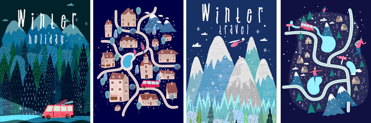 Set of vector illustrations. People in the winter in a hand-drawn Scandinavian style. Winter backgrounds, winter landscape, mountains, forests, ski resort, hotel and vacations.