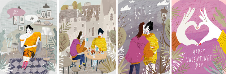 Set of vector illustrations. Valentine's day, love story, a girl at home, a girl and a young man on a date in a cafe, a couple kissing, a heart with their hands.