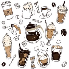 Wall Mural - Different coffee kind hand drawing chalkboard layout. Hot espresso, americano, iced, irish, latte, cappuccino, frappe, bean, sugar stick, cinnamon in glass or takeaway cup vector illustration on white