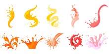 Colourful Row With Spiral, Pouring, Falling, Flowing Spattering Splash And Squirt. Splattered Pure Juice, Lemonade, Cocktail Shake Or Jam Vector Illustration Isolated Set On White Background